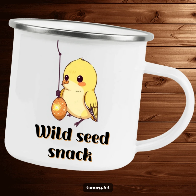 Funny Camping Mug featuring a curious canary bird pecking at a sparkling, dangling seed, ready for any expedition.