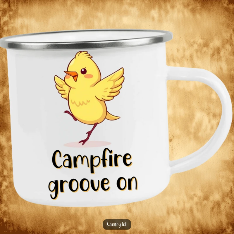 Funny camping mug featuring a canary with rapidly fluttering wings, energetically doing a happy dance, perfect for outdoor cheer.