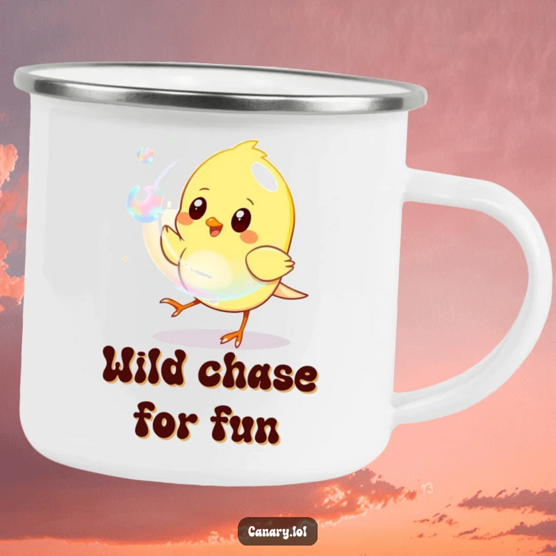 Funny Enamel Camping Mug with a yellow canary playfully chasing a shimmering iridescent bubble, perfect for outdoor fun.