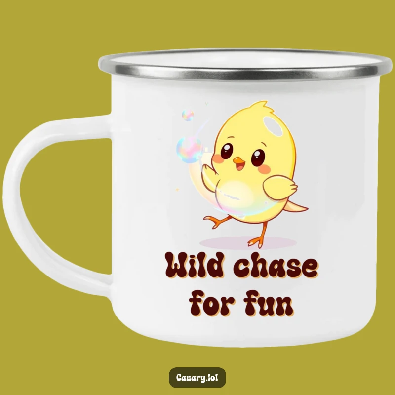 Funny Enamel Camping Mug: Canary Bubble Chaser, Outdoor Playful Gift