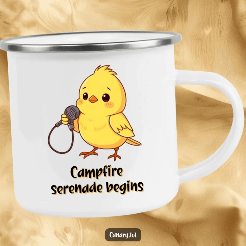 Funny Enamel Camping Mug with a small yellow canary dramatically posing with a twig microphone, perfect for outdoor concerts.