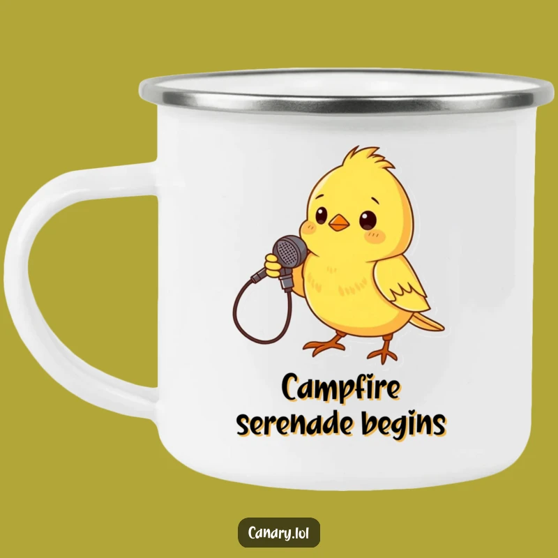 Funny Enamel Camping Mug: Canary Rockstar, Twig Mic, Outdoor Music Gift