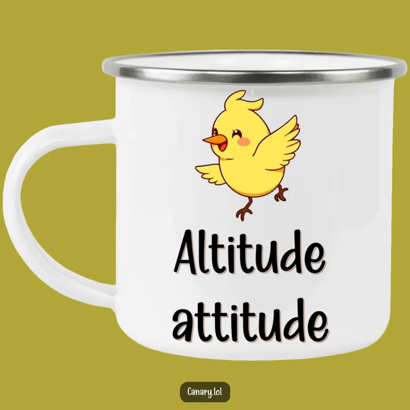 Funny Flying Canary Smile Camping Mug: Cheerful Arc Enamel Cup, Outdoor Humor Gift