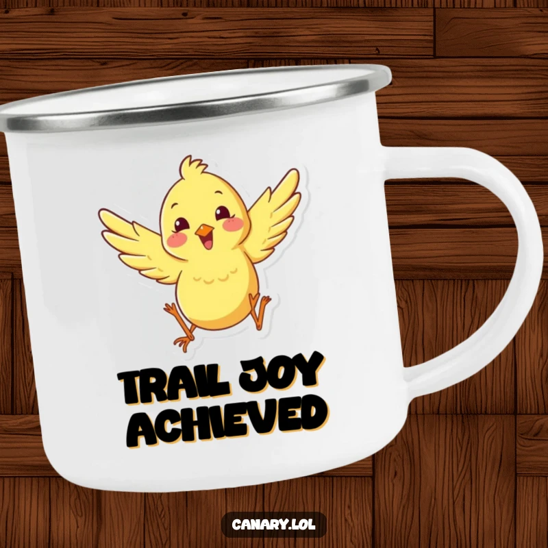 Funny happy canary leaping camping mug, depicting a bird with wings spread in a joyful leap, ideal for outdoor fun with a humorous touch.