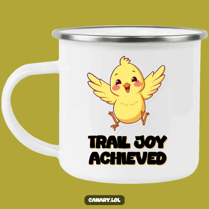 Funny Happy Canary Leaping Camping Mug - Adventure with Energetic Cheer