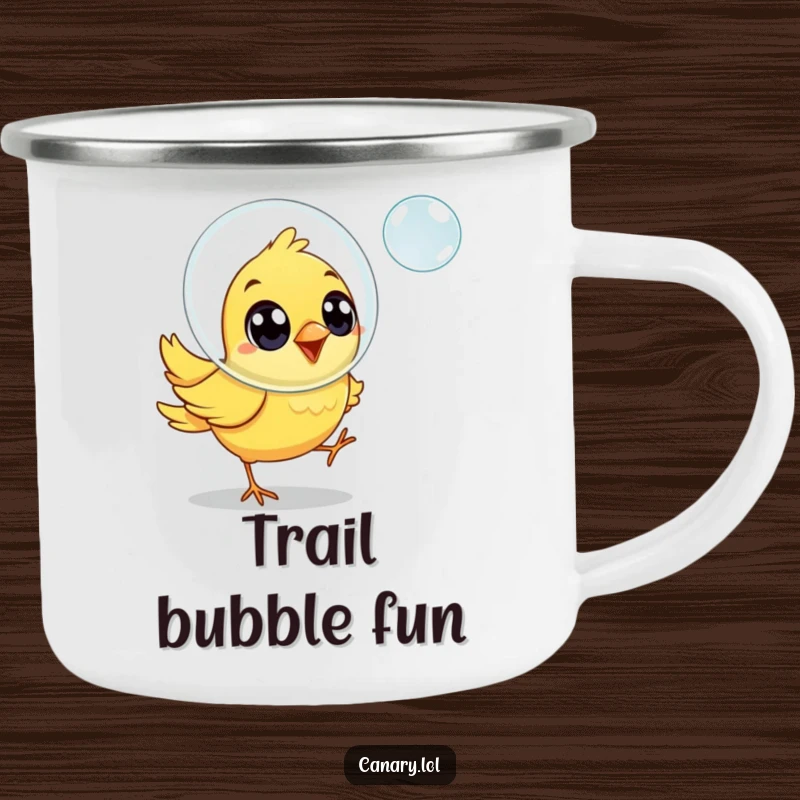 Funny canary bird camping mug, joyful eyes, chasing a floating soap bubble, durable for outdoor fun.