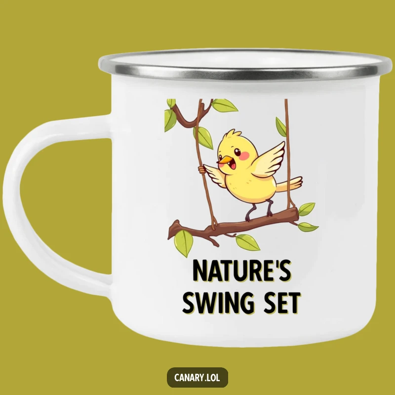 Funny Kawaii Canary Camping Mug: Avian Joy on Branch - Outdoor Gift