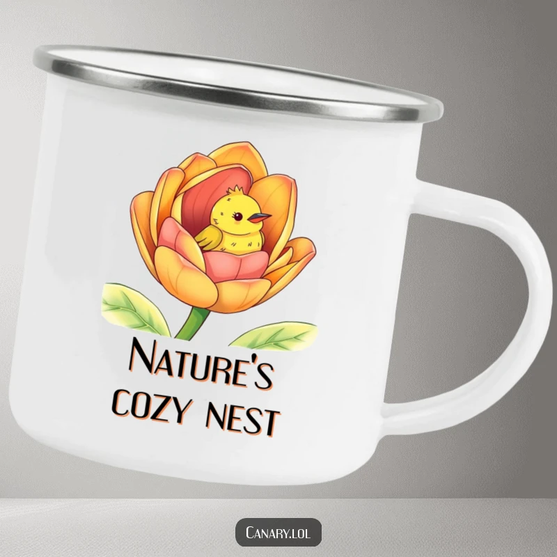 Funny peek-a-boo canary camping mug, cute bird peeking from a giant colorful flower bud, outdoor use.