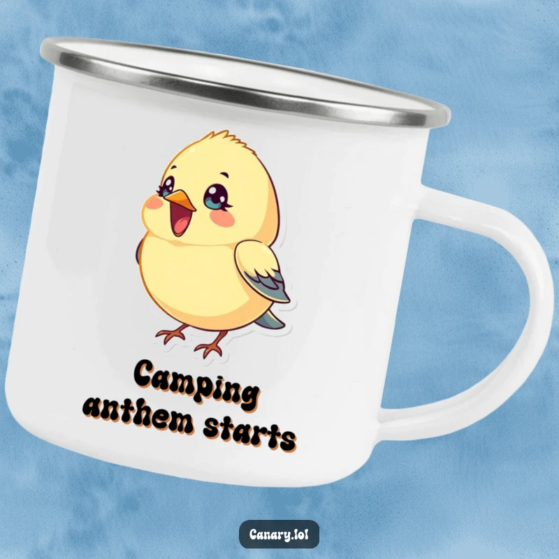 Funny Camping Mug: A tiny, round canary bird with bright eyes sings with its beak open, ready for cheerful outdoor concerts.