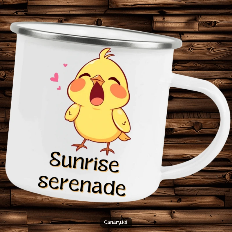 Funny camping mug with a tiny canary singing with its mouth wide open, ideal for enjoying hot drinks while embracing your inner rockstar.