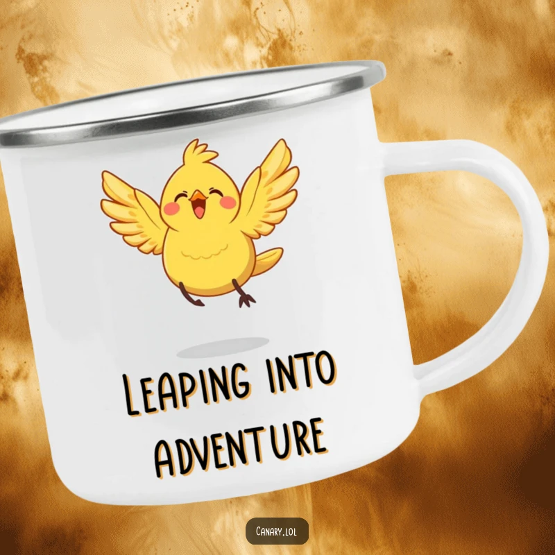 Funny Camping Mug: A cheerful canary bird with spread wings takes a joyful leap, ready for outdoor adventures and inspired sips.