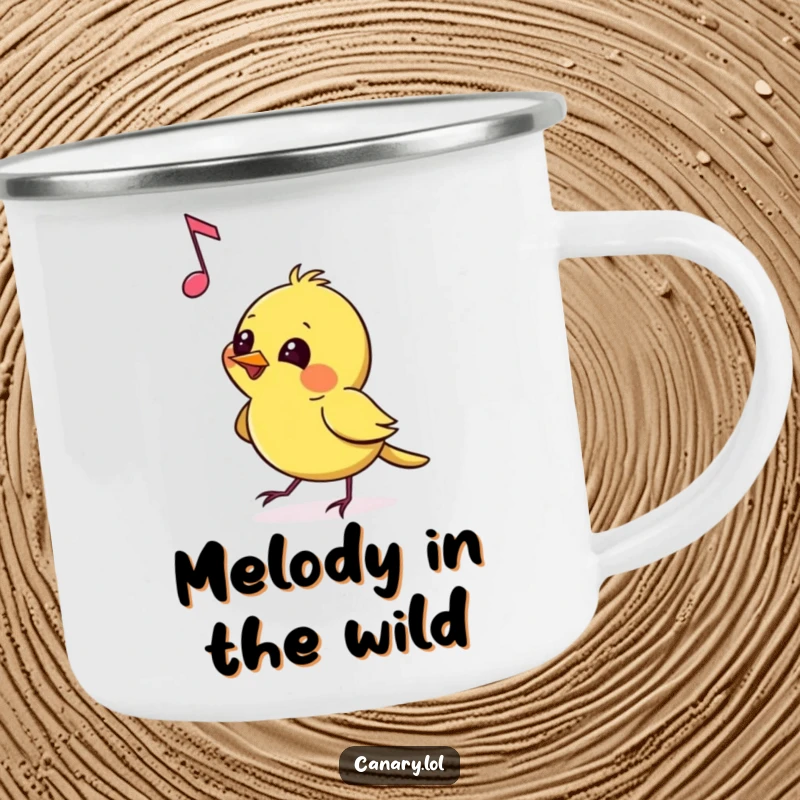 Funny Camping Mug showing a canary pecking at a floating musical note with mischievous glee, perfect for enjoying drinks on outdoor adventures with a musical, humorous touch.