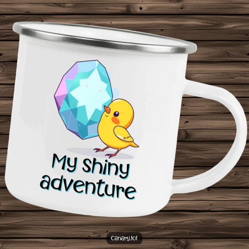 Funny enamel camping mug showing a curious canary bird pecking at a large, sparkling gem, ideal for humorous outdoor moments.