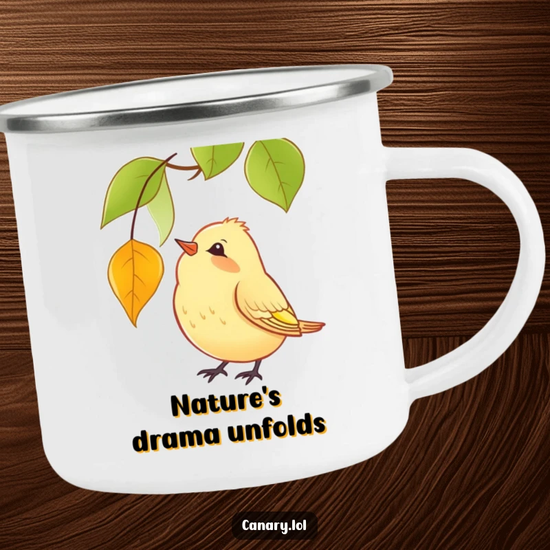 Funny Enamel Camping Mug with a yellow canary tilting its head, watching a red leaf fall, perfect for outdoor enthusiasts.