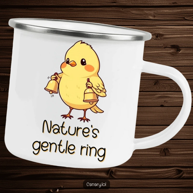 Funny Shy Canary Bird Camping Mug: A timid canary bird offers a shiny bell, perfect for cozy outdoor moments and humorous tales.