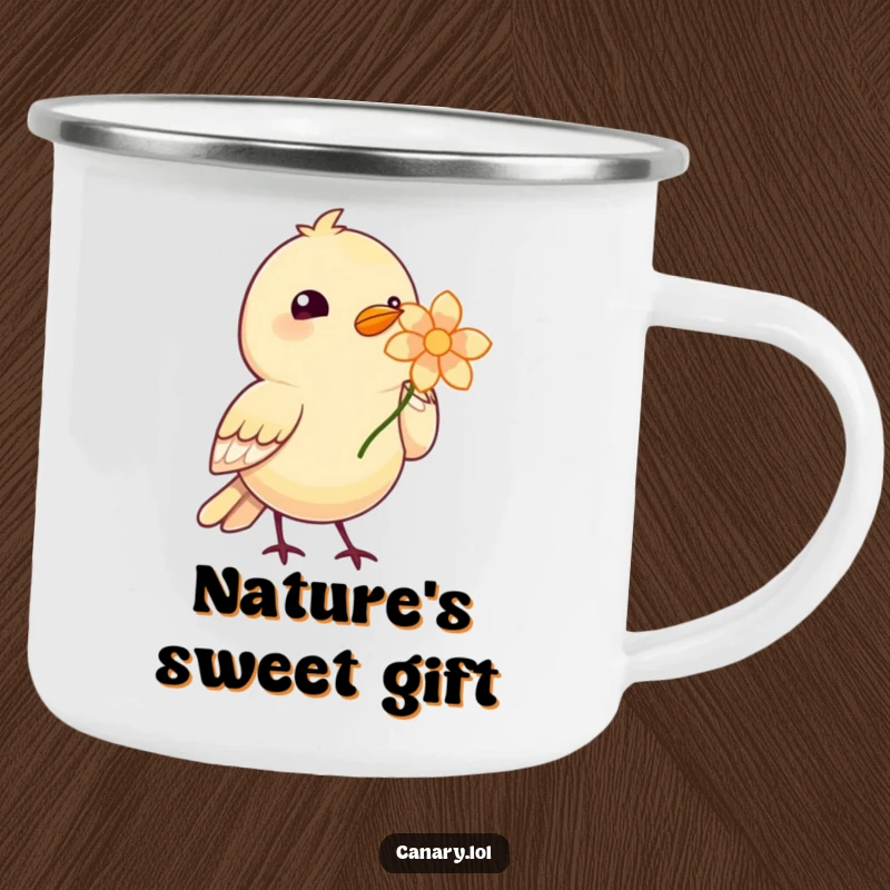 Funny Bird Nature Camping Mug shows a cute bird offering a bright flower, perfect for enjoying nature's gifts.