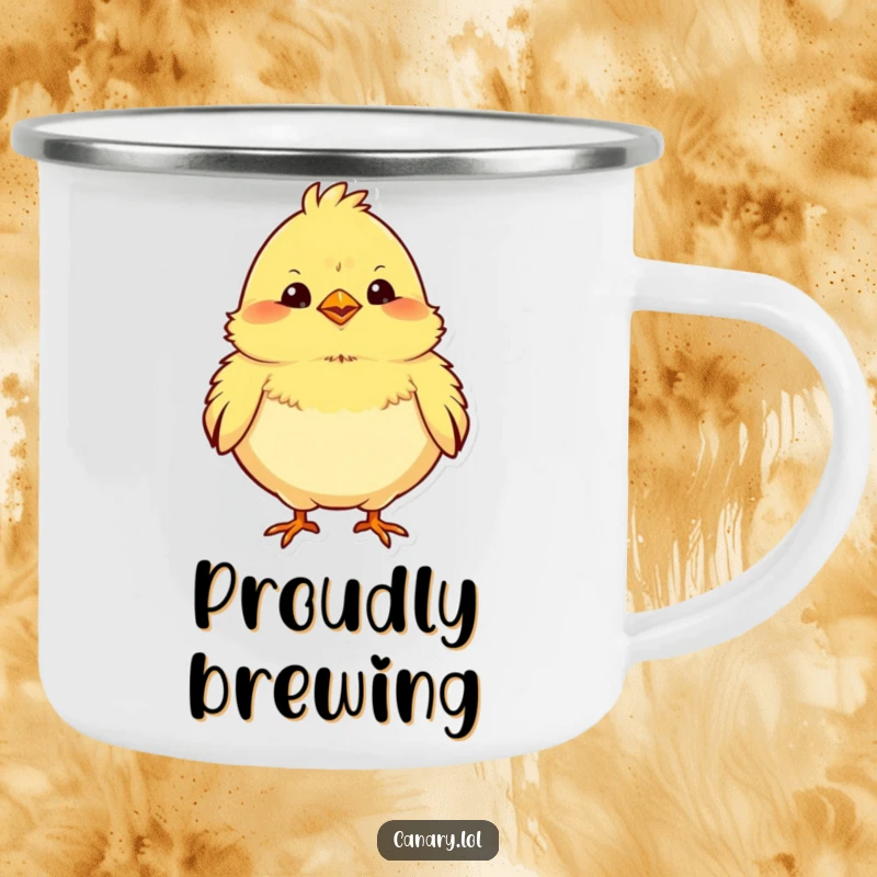 Funny camping mug illustrated with a chubby yellow canary puffing its chest proudly, designed for outdoor enjoyment.