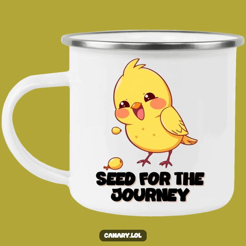 Funny Kawaii Canary Camping Mug, Pecking Design, Durable and Hilarious Outdoor Buddy
