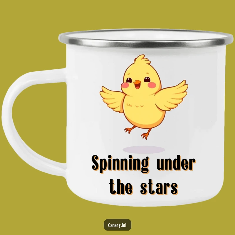 Funny Spinning Canary Camping Mug: Adventure Spin, Energetic Bird, Ideal Funny Gift