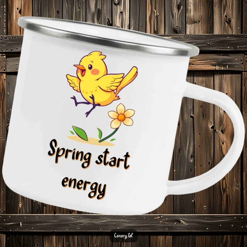 Funny camping mug showing an energetic yellow canary bouncing happily on a spring flower, perfect for outdoor enthusiasts.