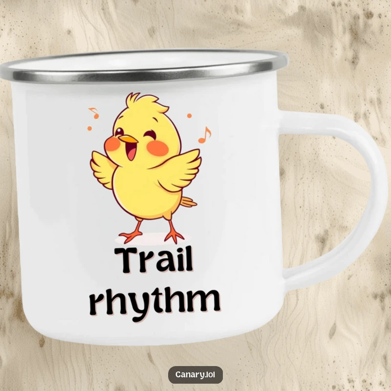 Funny cheerful canary bird camping mug, enthusiastically bobbing its head to a beat. Durable and humorous mug for music lovers.