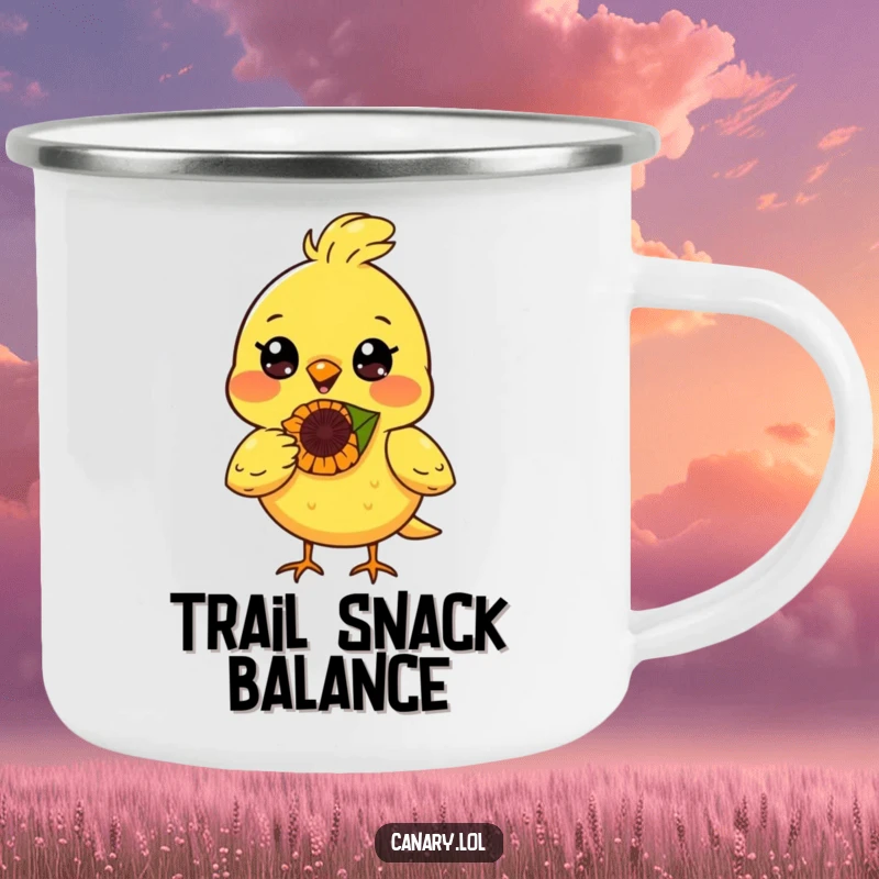 Funny canary bird camping mug, radiant smile, balancing a sunflower seed on its nose, durable for sunny adventures.