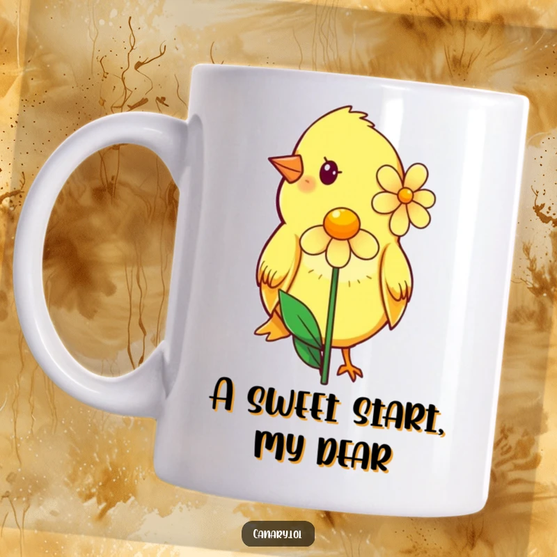 Funny mug featuring a shy canary with a slight smile, tenderly offering a single, perfect flower with hopeful eyes.