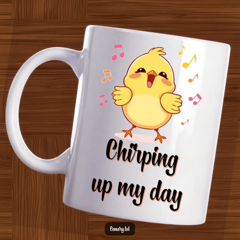 Funny kawaii canary bird mug, joyfully singing with musical notes floating around, a delightful and humorous gift.