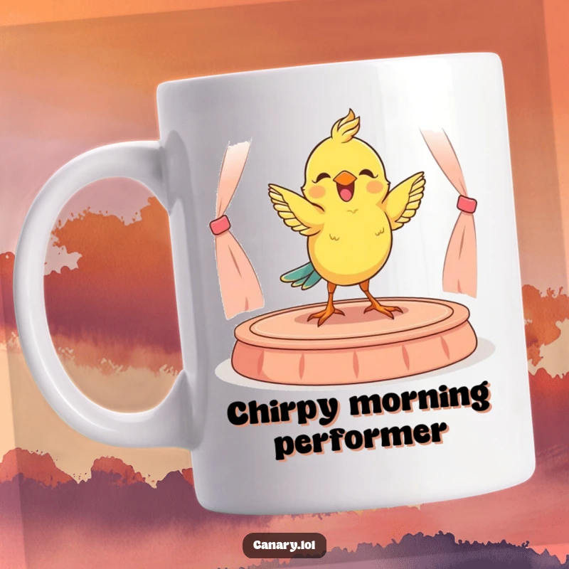 Funny coffee mug showcasing a happy, yellow canary performing a delightful little dance on a small, elevated miniature stage.