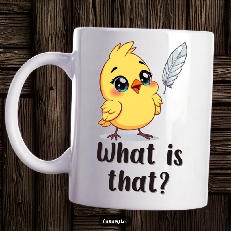 Funny astonished canary bird mug, wide eyes, staring in disbelief at a single floating feather. A comical moment of surprise.