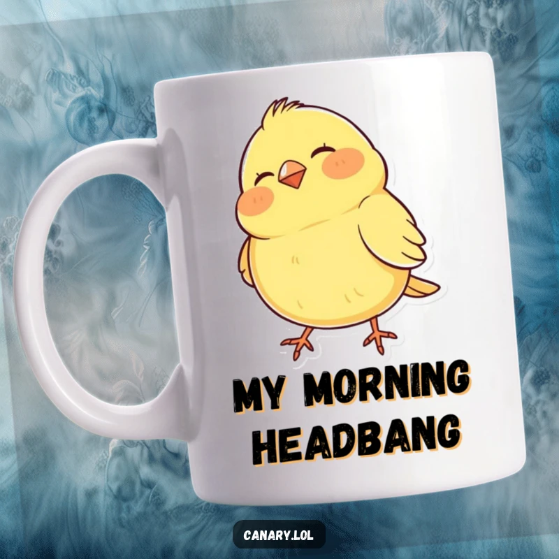 Funny Mug featuring a happy canary with puffed cheeks, enthusiastically bobbing its head to a rhythm, perfect for bird lovers.