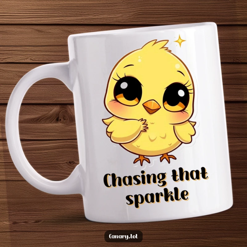 Funny stylized canary mug with big bright eyes pecking a golden sparkle, conveying curiosity and humorous delight, perfect for a magical morning.