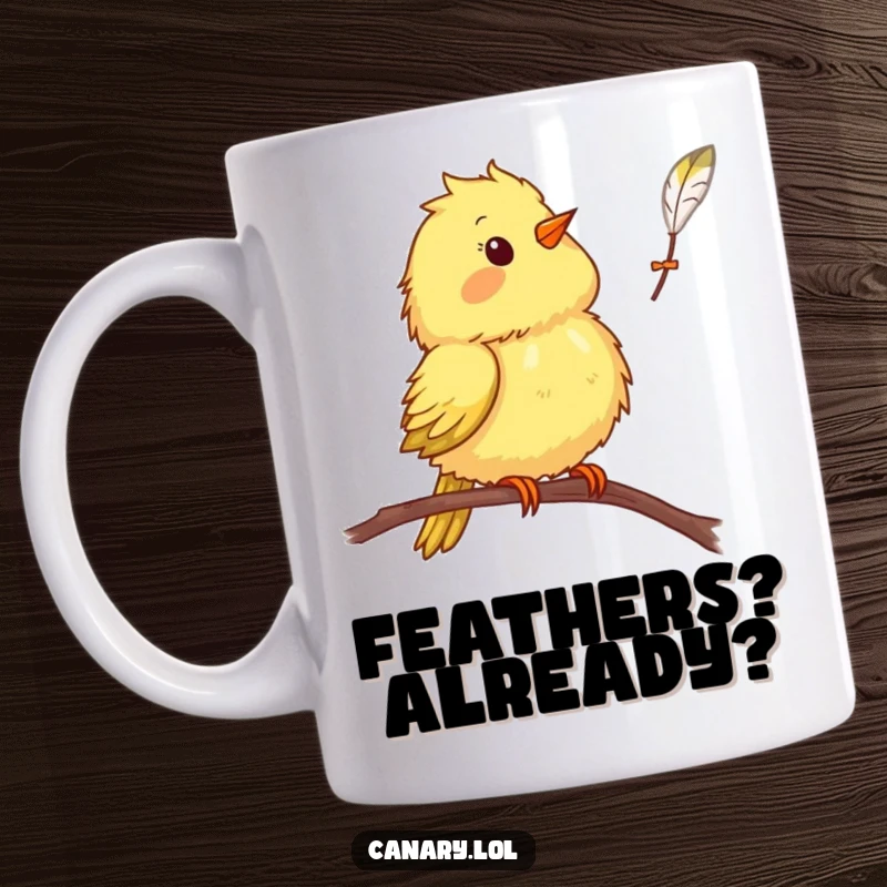 Funny canary bird mug, shocked expression, looking at a falling feather on a perch, humorous avian art.