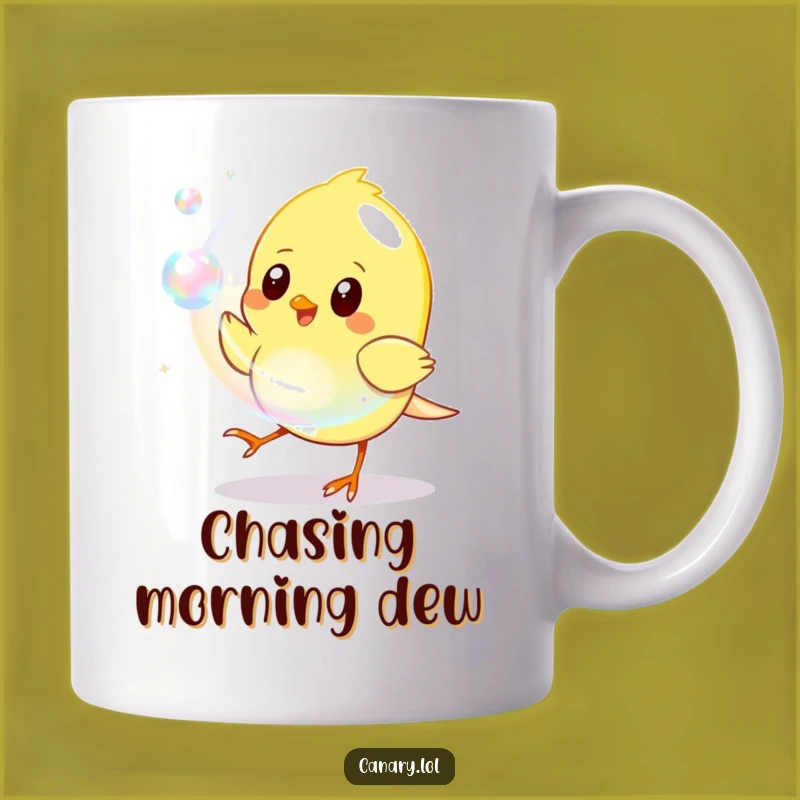Funny Canary Bubble Chase Mug: Playful Bird Fun, Iridescent Gift