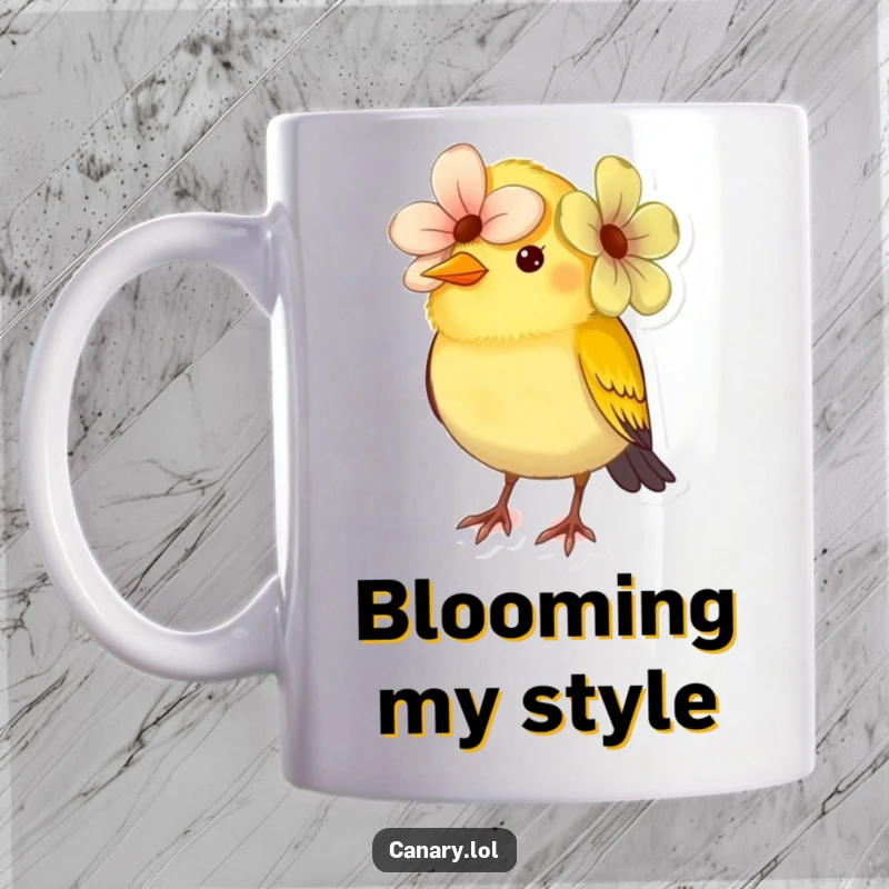 Funny small canary bird mug, comically trying to balance a large flower on its head like a hat. A whimsical and cute design.