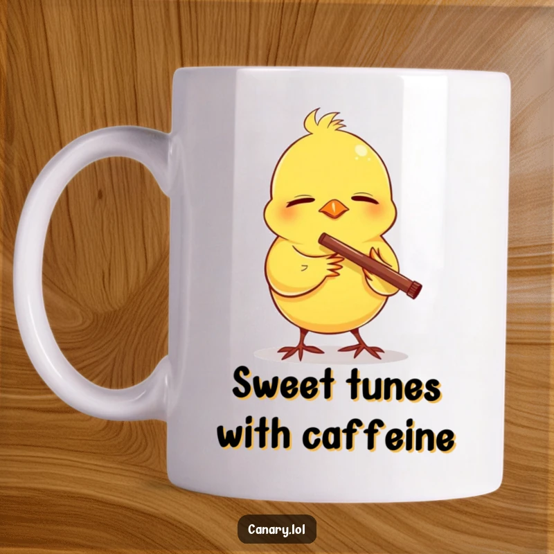 Funny mug featuring a canary with closed eyes, blissfully playing a tiny flute, radiating pure, serene musical happiness.