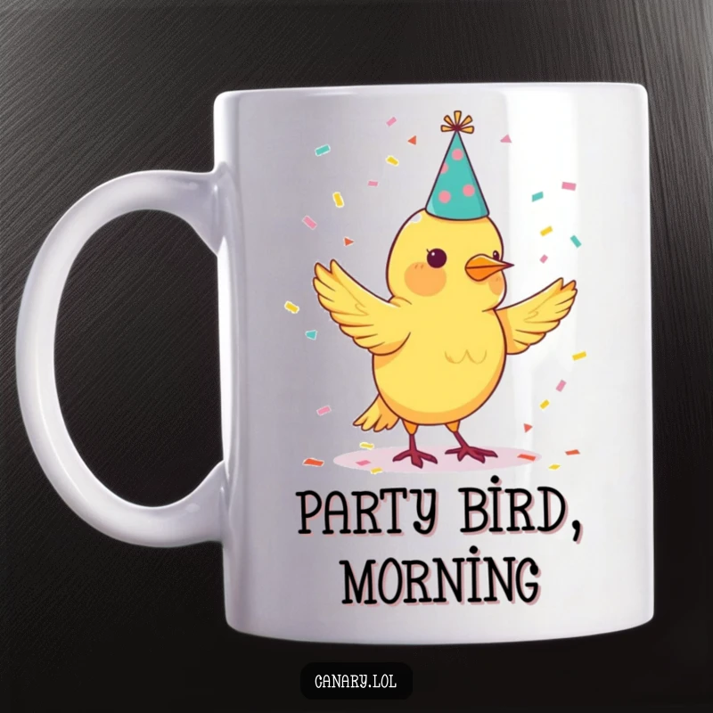Funny mug with a canary bird wearing a party hat, joyfully juggling colorful confetti in the air.