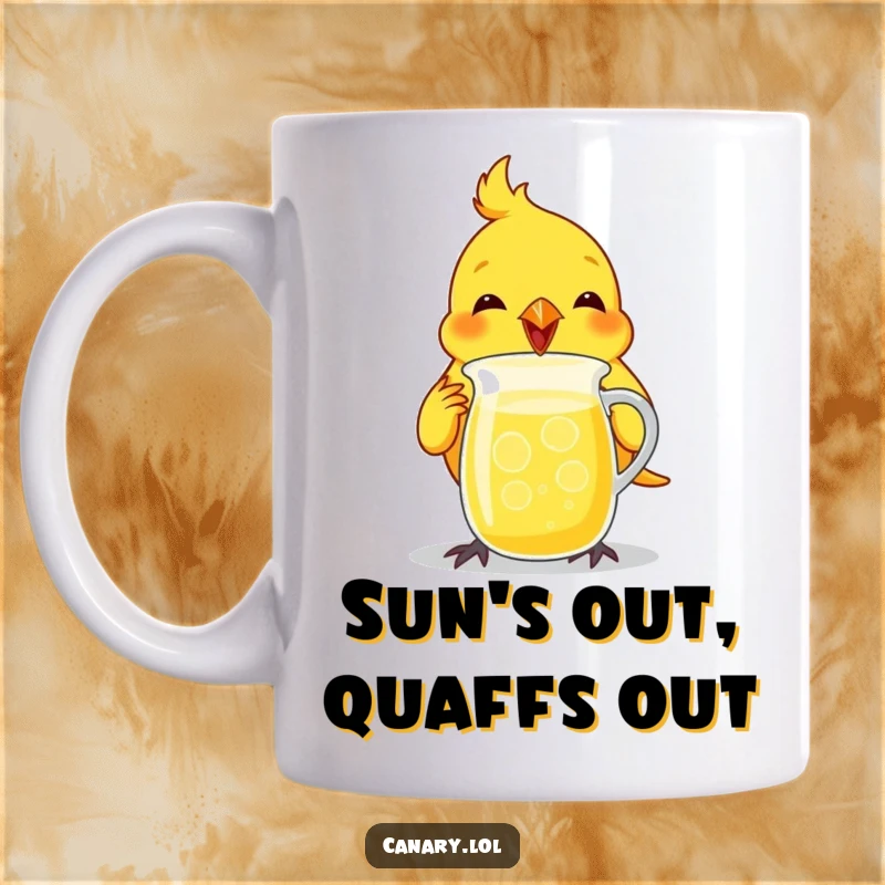 Funny canary bird mug, enthusiastically chugging from a tiny lemonade pitcher, looking happy and refreshed.