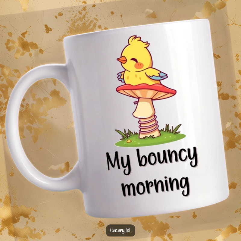 Funny Canary Mug: A cheerful yellow bird bouncing high on a brightly colored mushroom cap, radiating pure joy and fun.
