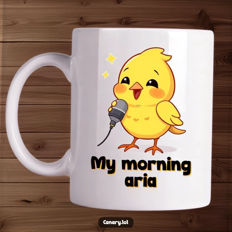 Funny mug depiction of a small canary bird holding a tiny microphone and passionately singing a song with its beak open.
