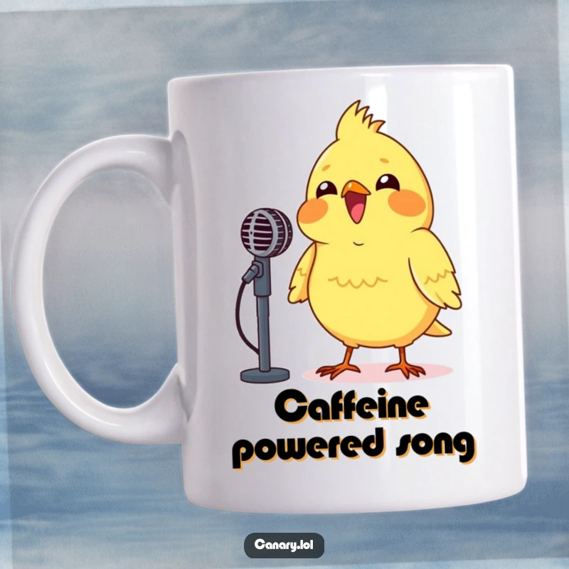 Funny Canary Microphone Mug shows a tiny yellow bird enthusiastically singing into a miniature microphone, radiating pure joy.