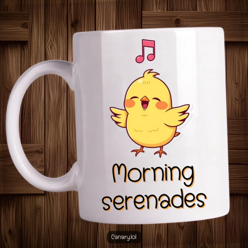 Funny Canary Mug: Cheerful bird singing loudly with a musical note, capturing the joy of music and expression.