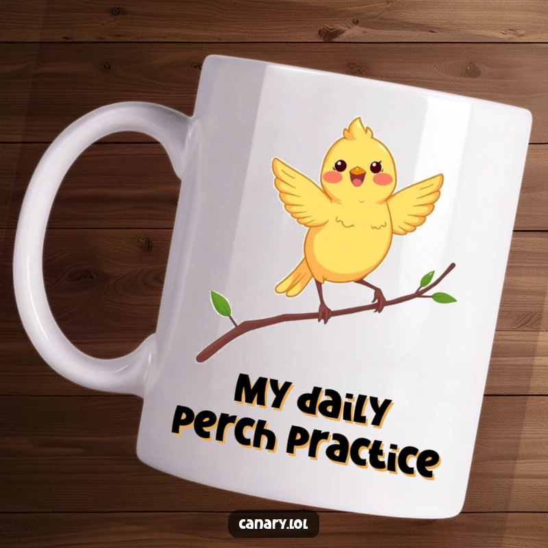 Funny canary bird mug, a cheerful yellow bird joyfully dancing on a delicate, swaying branch.