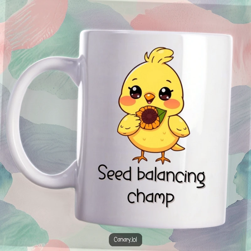 Funny canary bird mug, radiant smile, balancing a sunflower seed on its nose, embodying joy and skill.
