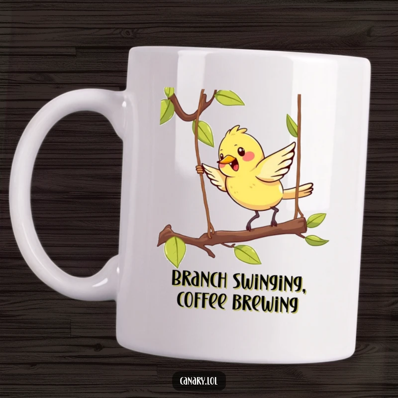 Funny Kawaii Canary Mug featuring a cute bird energetically hopping on a swinging branch, radiating pure happiness and delightful charm.