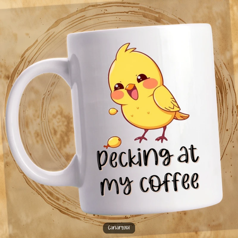 Funny kawaii canary bird mug, excitedly pecking at a tiny seed, perfect for a humorous and energetic gift.