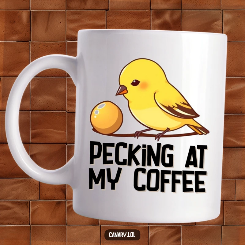 Funny Mug: A small canary bird intently pecks at a shiny seed, showing dedication and focus on its prize.