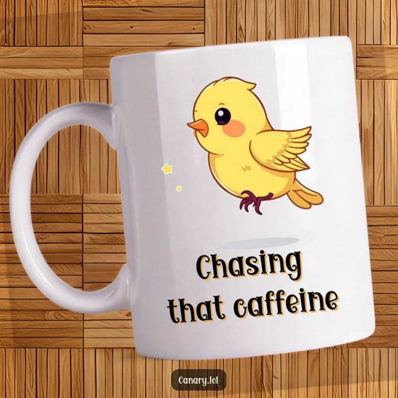Funny Mug showing a playful canary bird enthusiastically chasing a sparkling dust mote floating in the air.