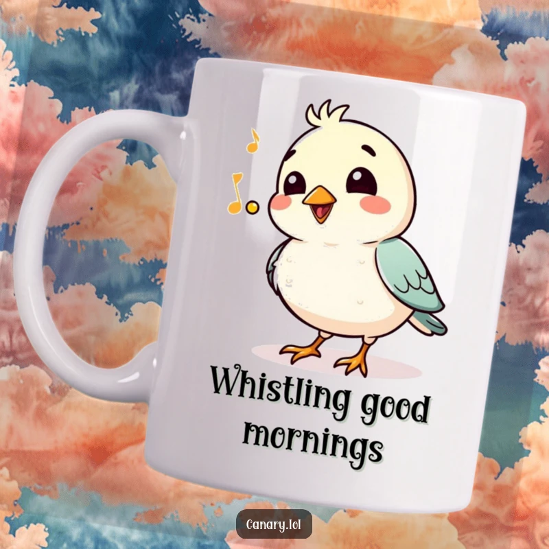 Funny Mug: A proud bird with puffed chest whistles a happy, jaunty tune with a joyful smile, radiating cheerful humor.