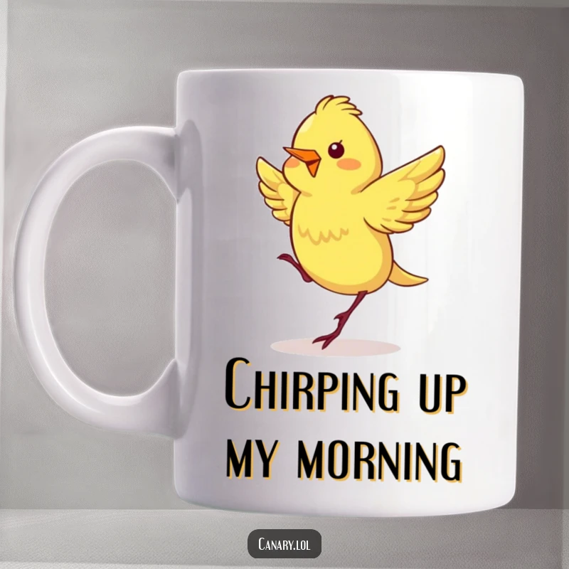 Funny mug showcasing a cute canary with wings fluttering, energetically performing a happy dance with pure joy.
